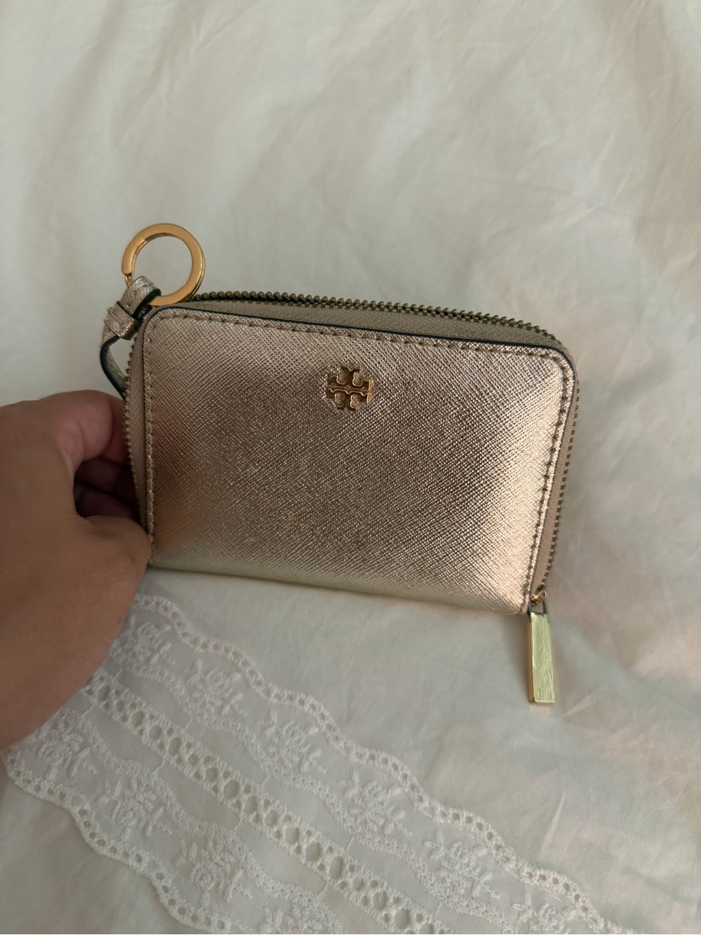 Tory Burch Rose Gold Zip Card Holder with Keyring